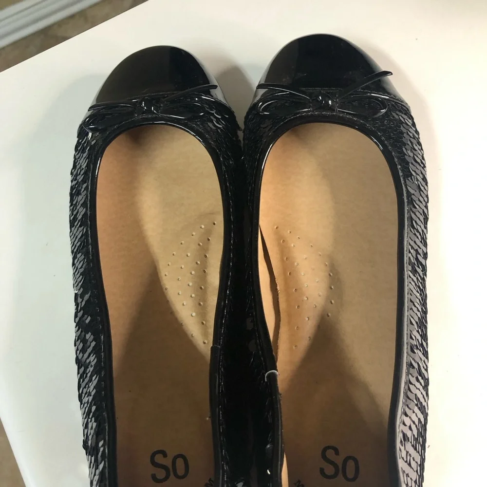 Black Sequin‎ Ballet Flats Patent Toe Bow Memory Foam Kids Size 4